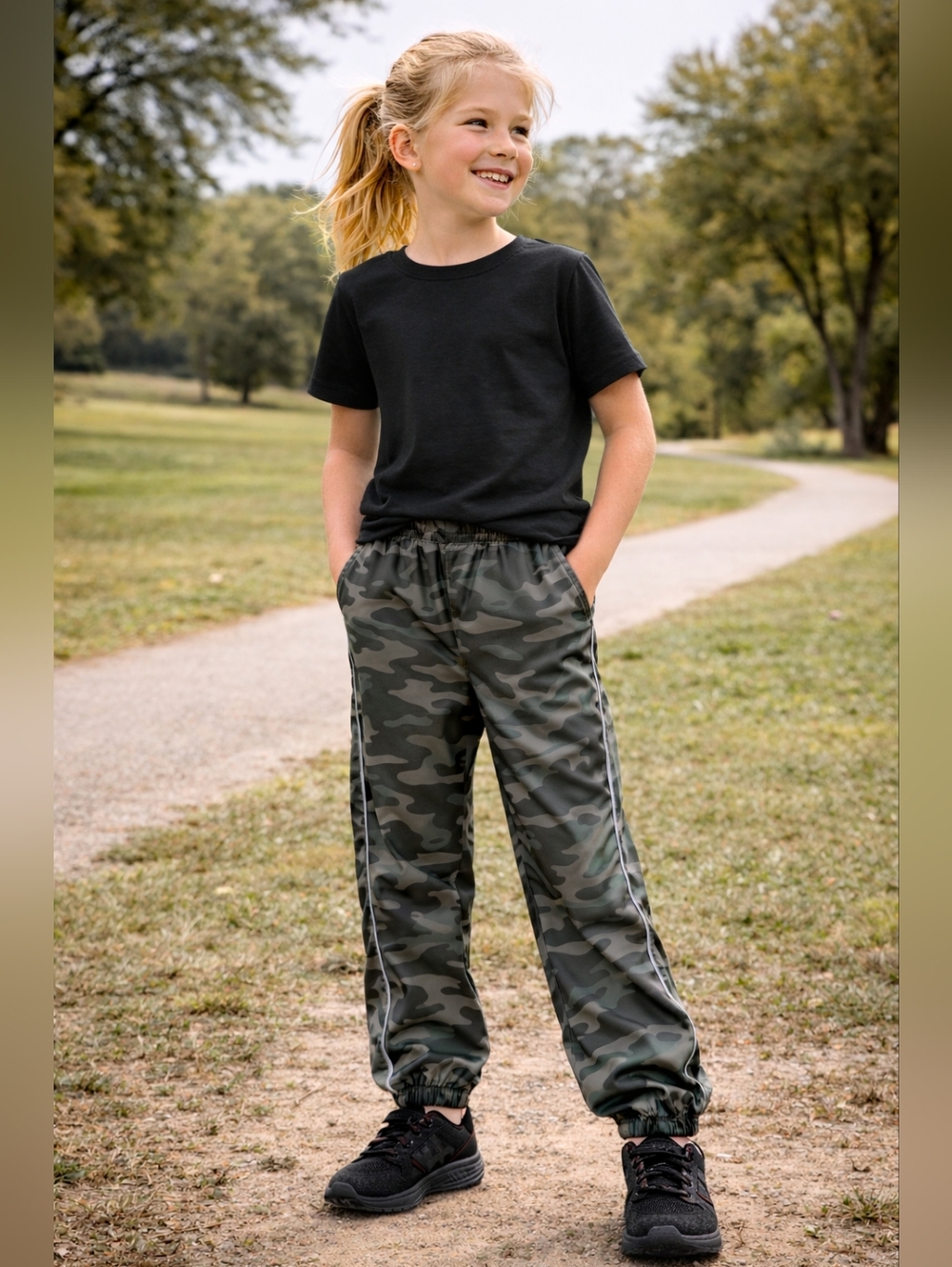 Girls Camo Jogger Pants Size 10 Elastic Waist Lightweight Sage Green Athletic Ca